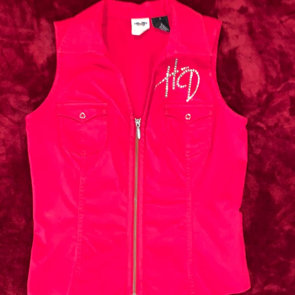 Med Red Bliny Sleeveless Snap Front Harley Davidson Slight Stretch